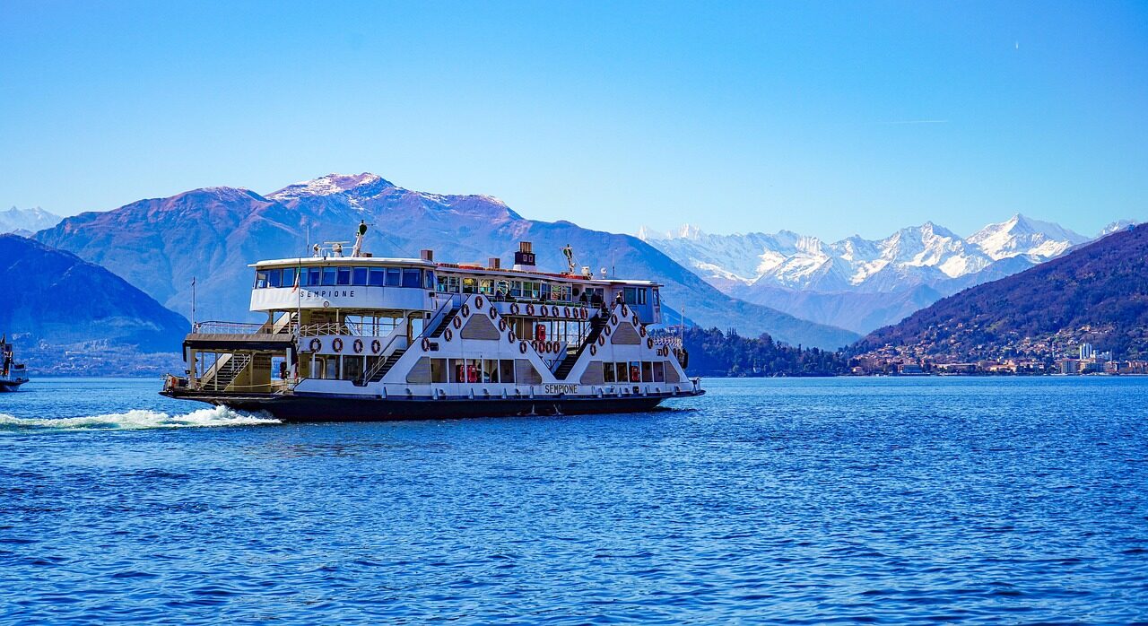 ferry, ship, nature, sempione, boat, laveno, porto, varese, lombardy, lago maggiore, italy, landscape, overview, vista, mountains, lake, shuttle, blue, outdoors, tourism, steamer
